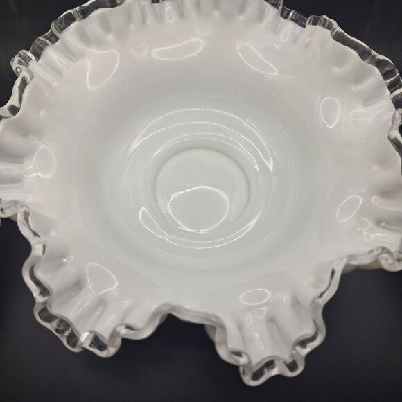 Fenton Silver Crest Ruffle Bowl White Milk Glass Clear Edge 10 Inch Unmarked - Picture 7 of 10